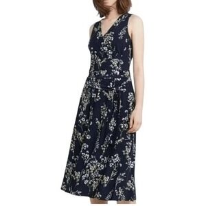 LAUREN RALPH LAUREN Carana Faux‎ Wrap Midi Dress Belted Navy Floral EUC Size 8